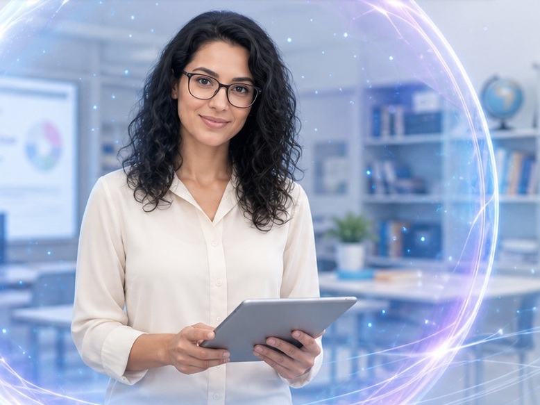 AI avatar teacher presenting inside a luminous glass sphere, holding a tablet in a classroom